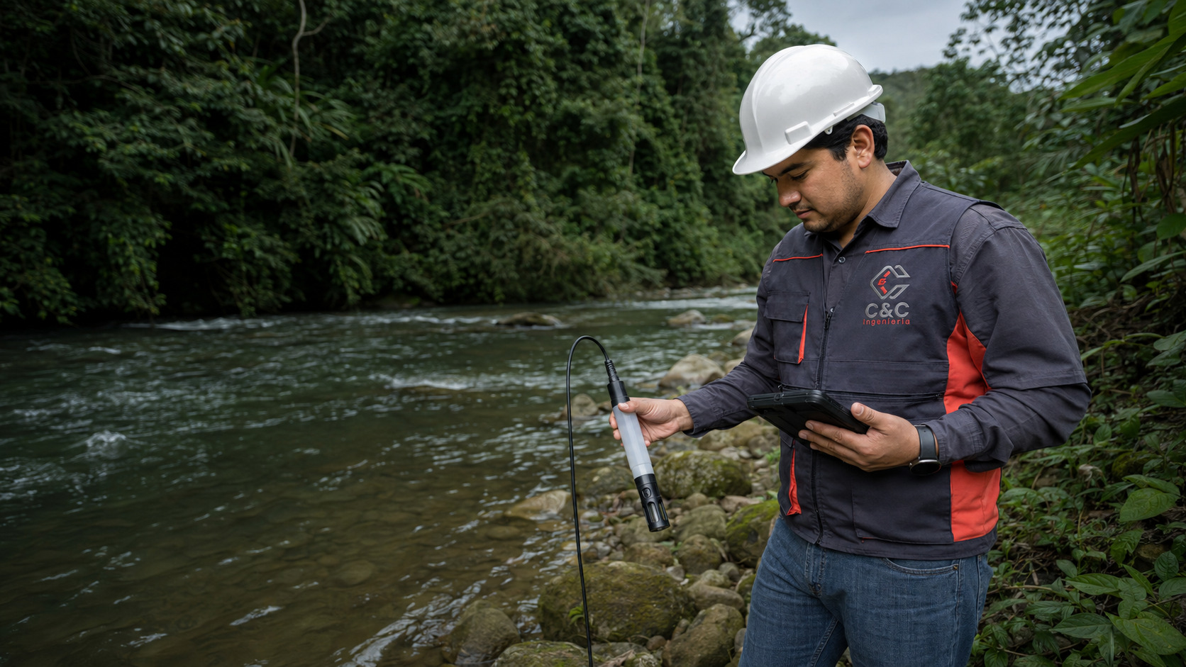 Especialista de C&C realizando monitoreo de calidad del agua en un río tropical